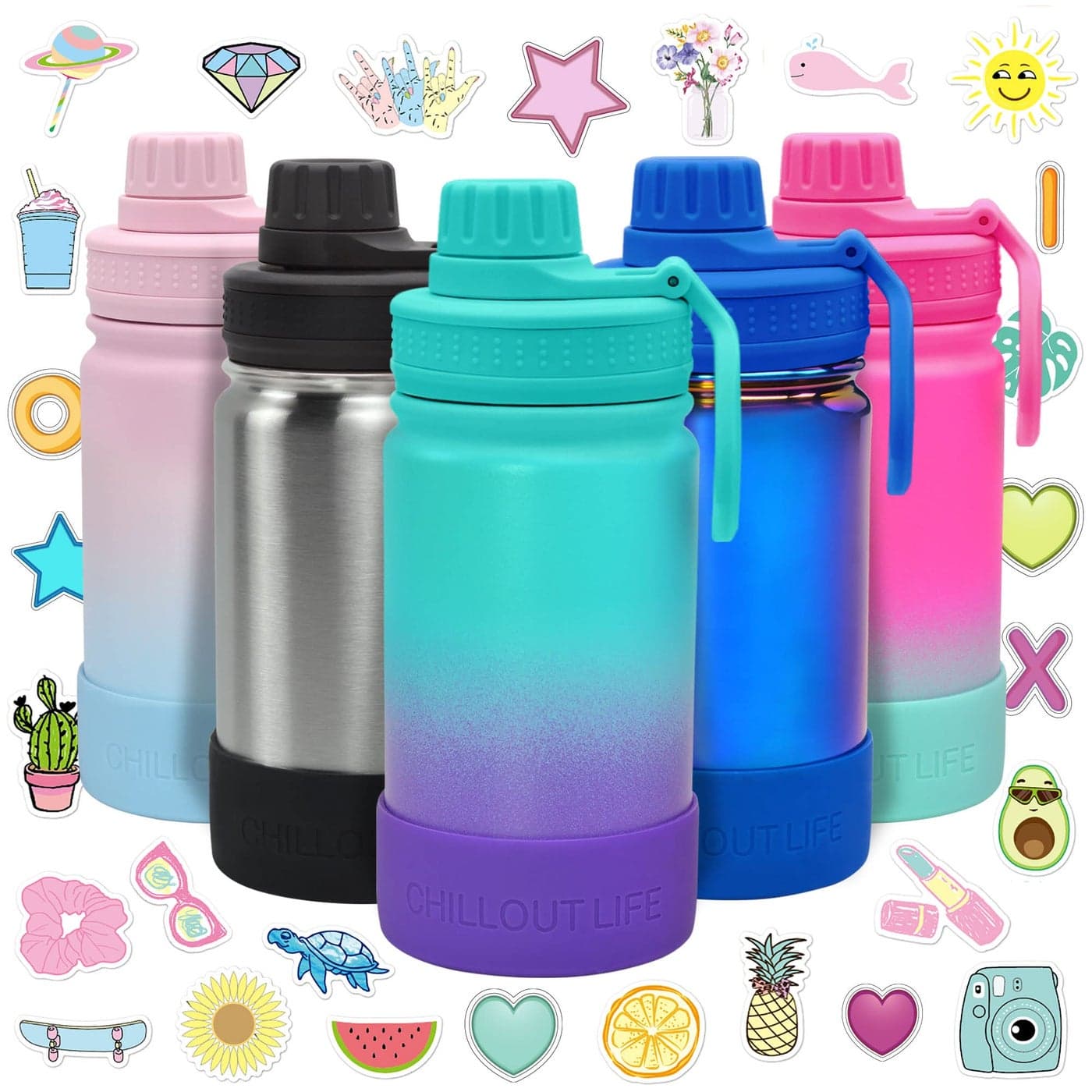 CHILLOUT LIFE 12 oz Kids Insulated Water Bottle for School with Leakproof Spout Lid and Cute Waterproof Stickers Personalized Stainless Steel Thermos Flask Metal Water Bottle for Girls Boys