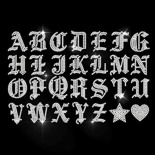 MAYJOYDIY 26 Gothic Alphabets Rhinestone Iron on Hotfix Transfer Letters Bling Crystal Heat Transfer Decal Star Heart Iron on Crystal Transfers Rhinestone Hotfix Decals for Shirts Bags Hats Jeans