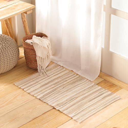 HOMEMONDE Polyester Reversible 50 X 81 Cm Chindi Rectangular Rugs Handmade Striped Design Area Floor Rug For Yoga, Living Room, Kitchen - (20X32 Inch, Beige)