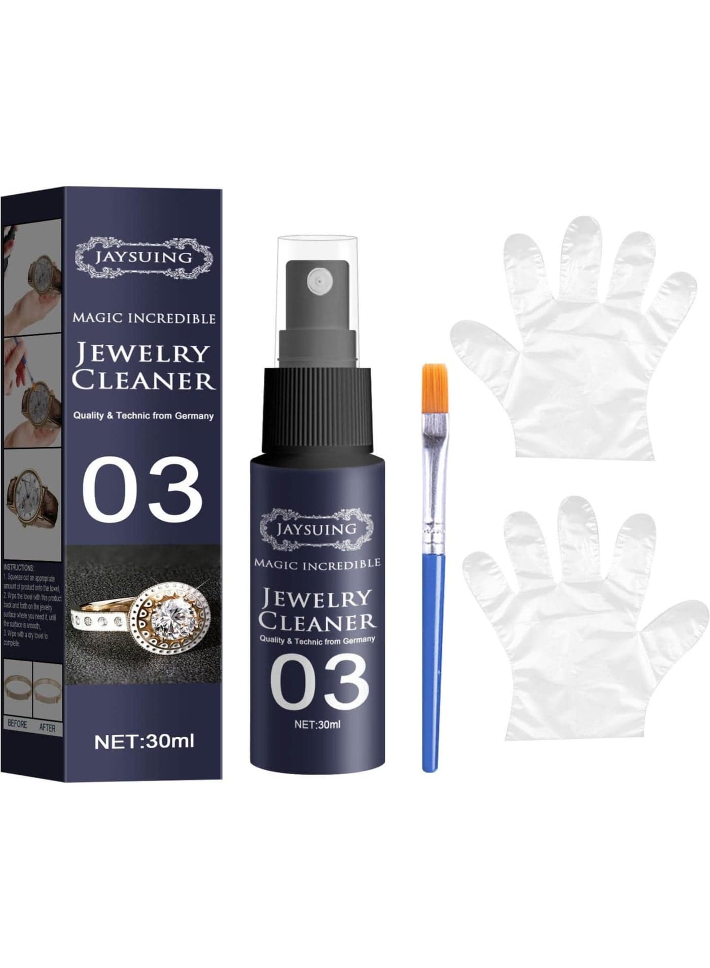Jewelry Cleaner Cleaning Spray Stain Free for Necklace Silver Earring Watch 30mlwith Glove Brush