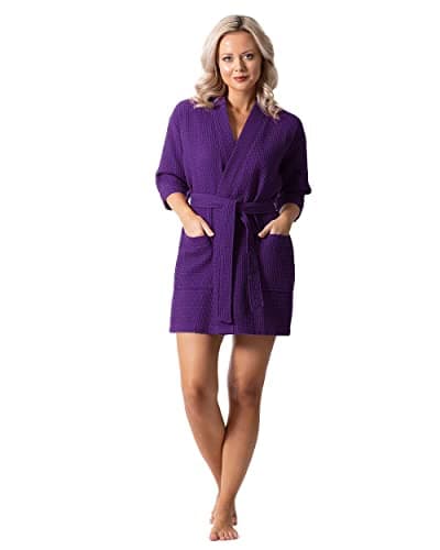 Women's Knee Length Waffle Weave Kimono Bathrobe,Purple,One size