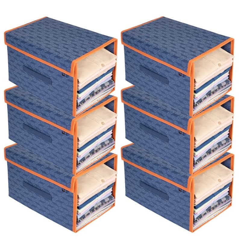 HomeStrap Set of 6 Printed Shirt Stacker Foldable Storage Organizer with Lid for Wardrobe | Almirah (Navy Blue with orange border)