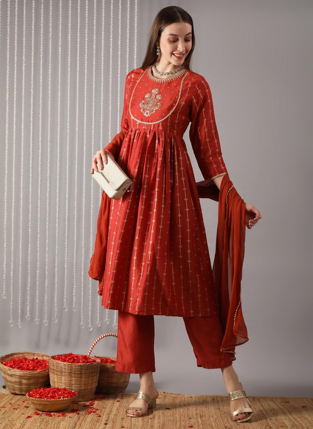 Globus Women Rust Embroidered Yoke Ethnic Woven Design Pleated Anarkali Kurta With Pants & Gotta Patti Dupatta Festive Set