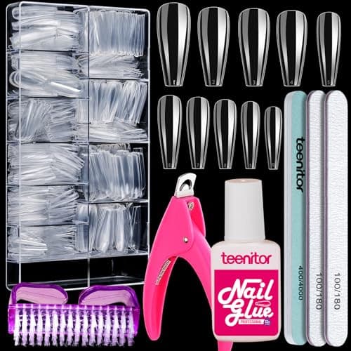 Teenitor Clear Coffin Nail Tips Set Long Acrylic Nail Kit Full Cover Clear Press On Nails 600 Pcs Fake Nails with Glue Acrylic Nail Clipper Files and Buffer Polisher