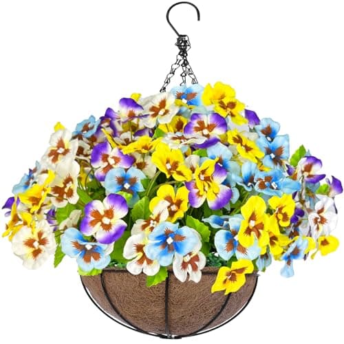 Grandeal Artificial Hanging Flowers Plants Baskets Outdoor Outside Decoration, Pansies UV Resistant Waterproof Spring Fake Silk Flowers Faux Hanging Planters for Porch Patio Balcony Yard Home Decor