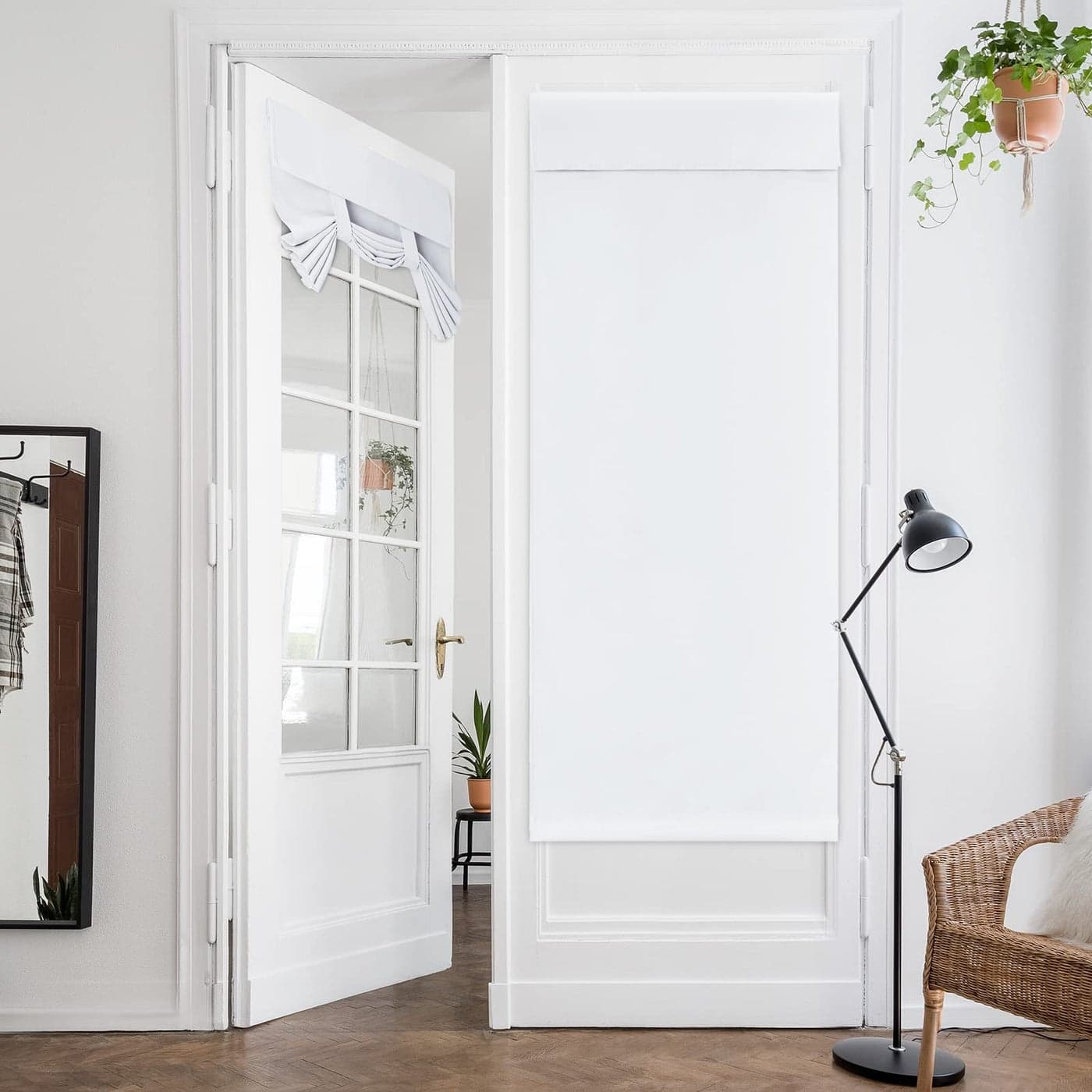 HOMEIDEAS Pure White Blackout French Door Curtain Privacy Door Curtains for Window Blinds for Glass Window Thermal Insulated Tie Up Shades for Bedroom 26 X 68 Inch 1 Panel