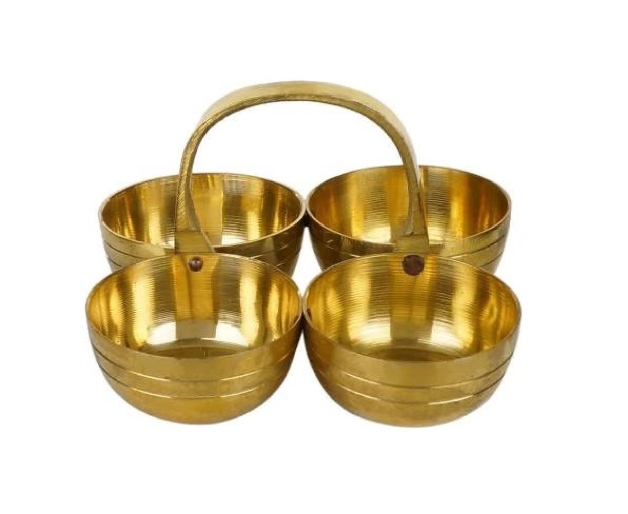 Effigy onlinehub BrassSmall Brass Puja Roli Chawal Elaichi Mishri 4 Bowl StandBrass Chowmukh Haldi Kumkum Holder Chowmukh 4 Bowl Holder Patra for Home Temple Medium