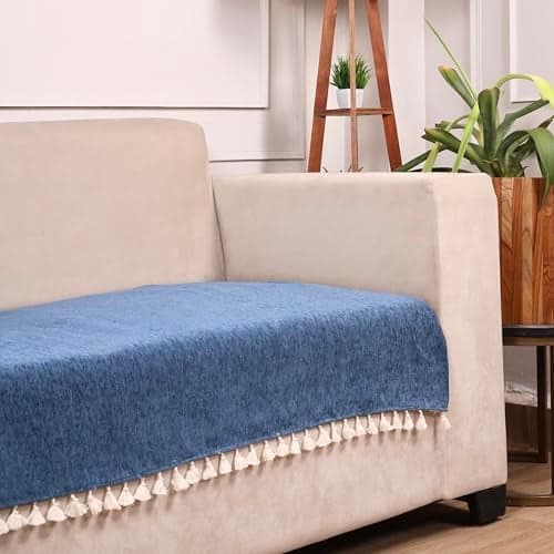 STITCHNEST Blue Chenille Sofa Cover 70x30 Inch – Soft, Durable & Textured Fabric with Tassels | Sofa for Living Room, Bedroom, or Drawing Room