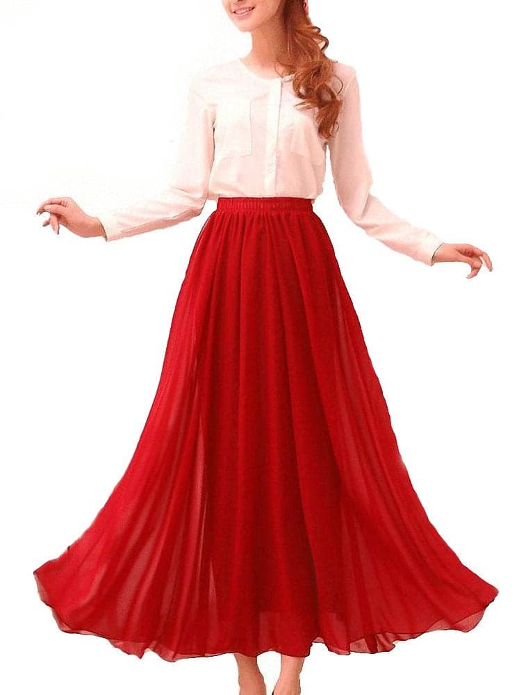 Afibi Womens Chiffon Retro Long Maxi Skirt Beach Ankle Length Skirt (Small, Red)