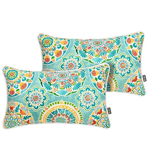 FUNHOME Indoor Outdoor Lumbar Pillow Covers ONLY, Water-Repellent Fade-Resistant Patio Lumbar Cases 12” x 20”, Throw Pillowcase Shell for Couch Garden Furniture Use -Cyan Circle