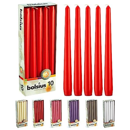 BOLSIUS 10 Count Unscented 10 Inch Red Household Taper Candles - 8 Hours Burn Time - Premium European Quality - Smokeless Dripless Taper Candlestick - Great for Special Occasion, Church, and Everyday