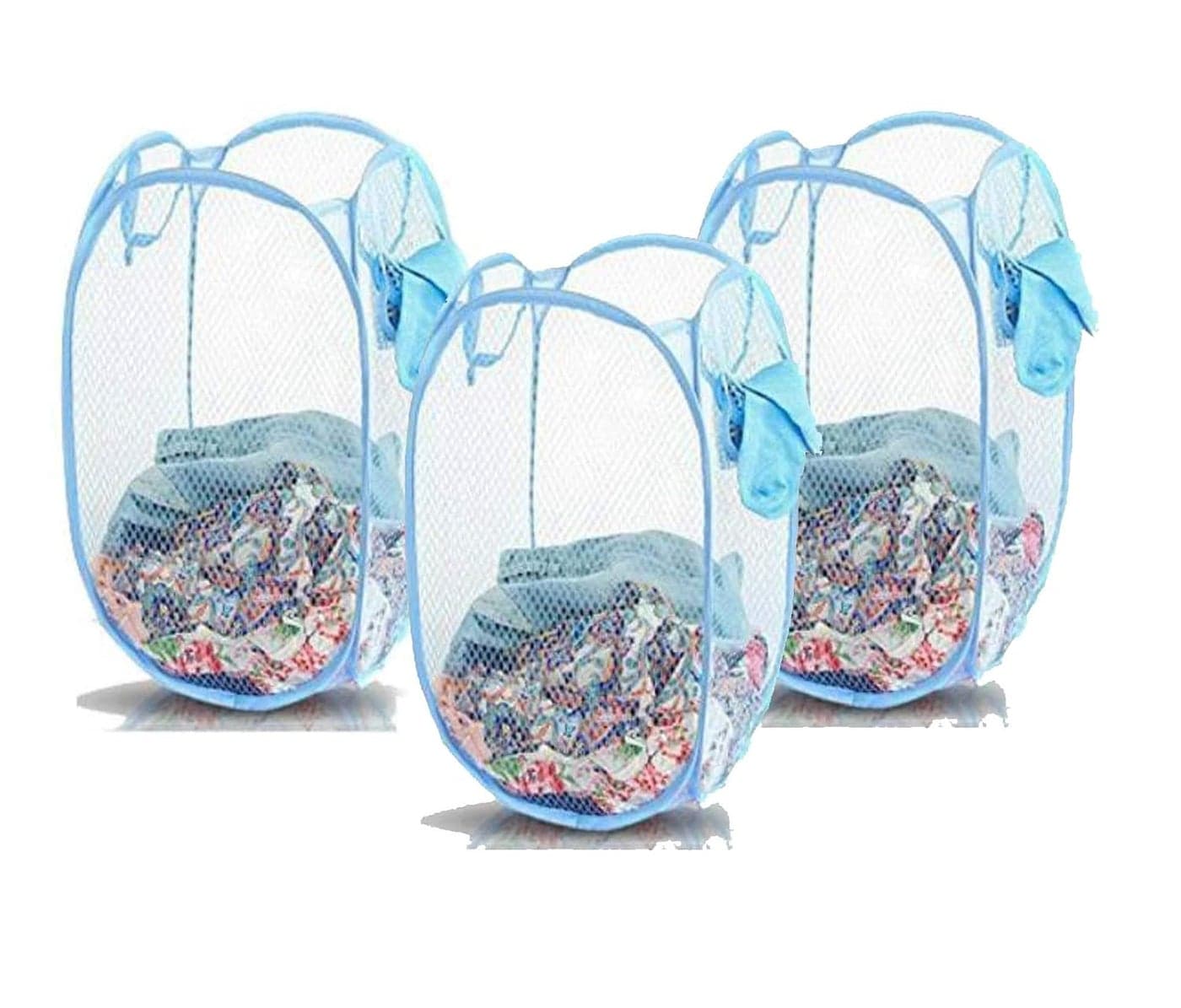 Kitchwish Nylon Mesh Laundry Basket 20 Ltr Sky Blue Pack of 3