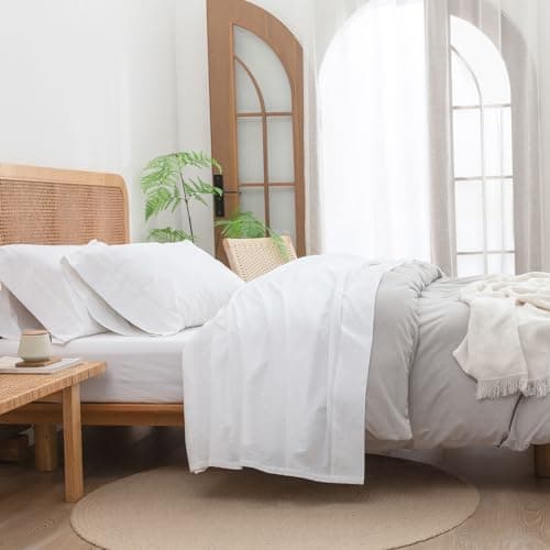 BESTOUCH Sheet Set 100% Washed Cotton Linen Feel Super Soft Comfortable Chic Lightweight 4 Pcs Home Bedding Set Solid Bright White Cal King