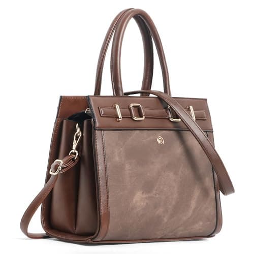 Martucci Selena Women’s Satchel Handbag – Belted Accent Vegan Leather Tote with Two-Tone Front Panel, Top Handle Purse & Removable Crossbody Strap – Brown/Coffee