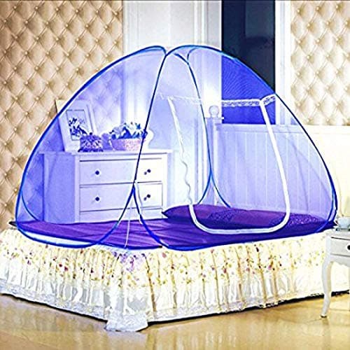Backbone Mosquito Net - Foldable, King Size Double Bed with Saviours - (Blue)