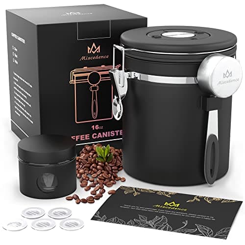 Miscedence Coffee canister set for ground coffee with Date Tracker,Co2 Valve,Travel jar,Stainless Steel Kitchen Food Airtight storage container for Coffee Beans or Grounds,Tea,Sugar (16oz-Black)