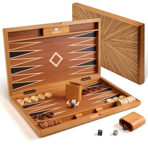 Wood Backgammon Set for Adults 15 Inch Classic Board Game Case Premium Folding Backgammon Set with Oversize Wooden Playing Pieces Dices Portable Travel Backgammon Game Set for Adults