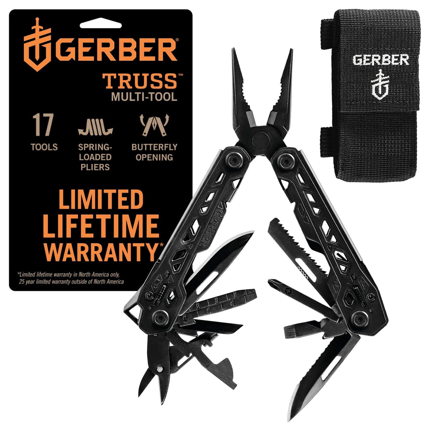 Gerber Gear Truss 17-in-1 EDC Needle Nose Pliers Multi tool - includes Pocket Knife, Screwdriver, and Bottle Opener Accessories - Gifts for Men, Fishing and Camping Gear - Black with Molle Sheath