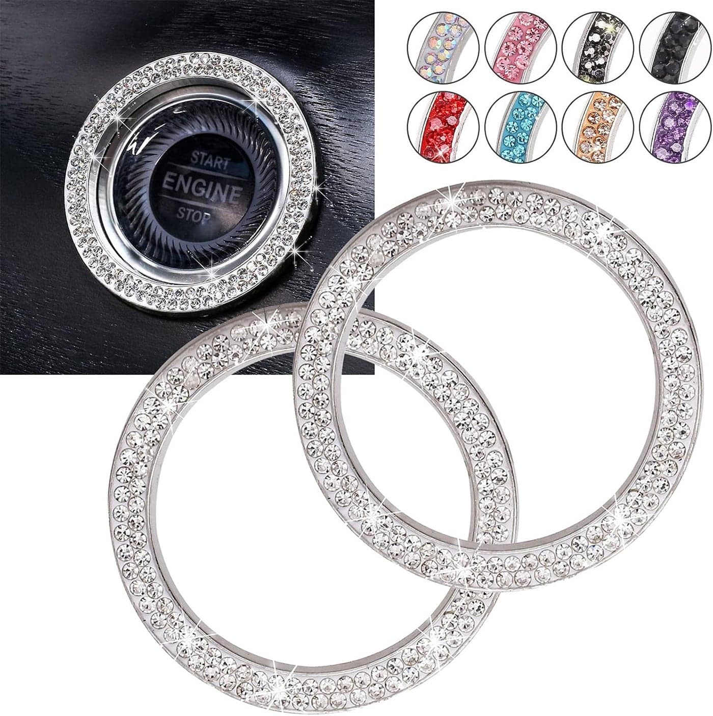 ToBeQueen Car Bling Ring Crystal Stickers - 2Pcs Push Start Button Ignition Ring Sticker, Silver