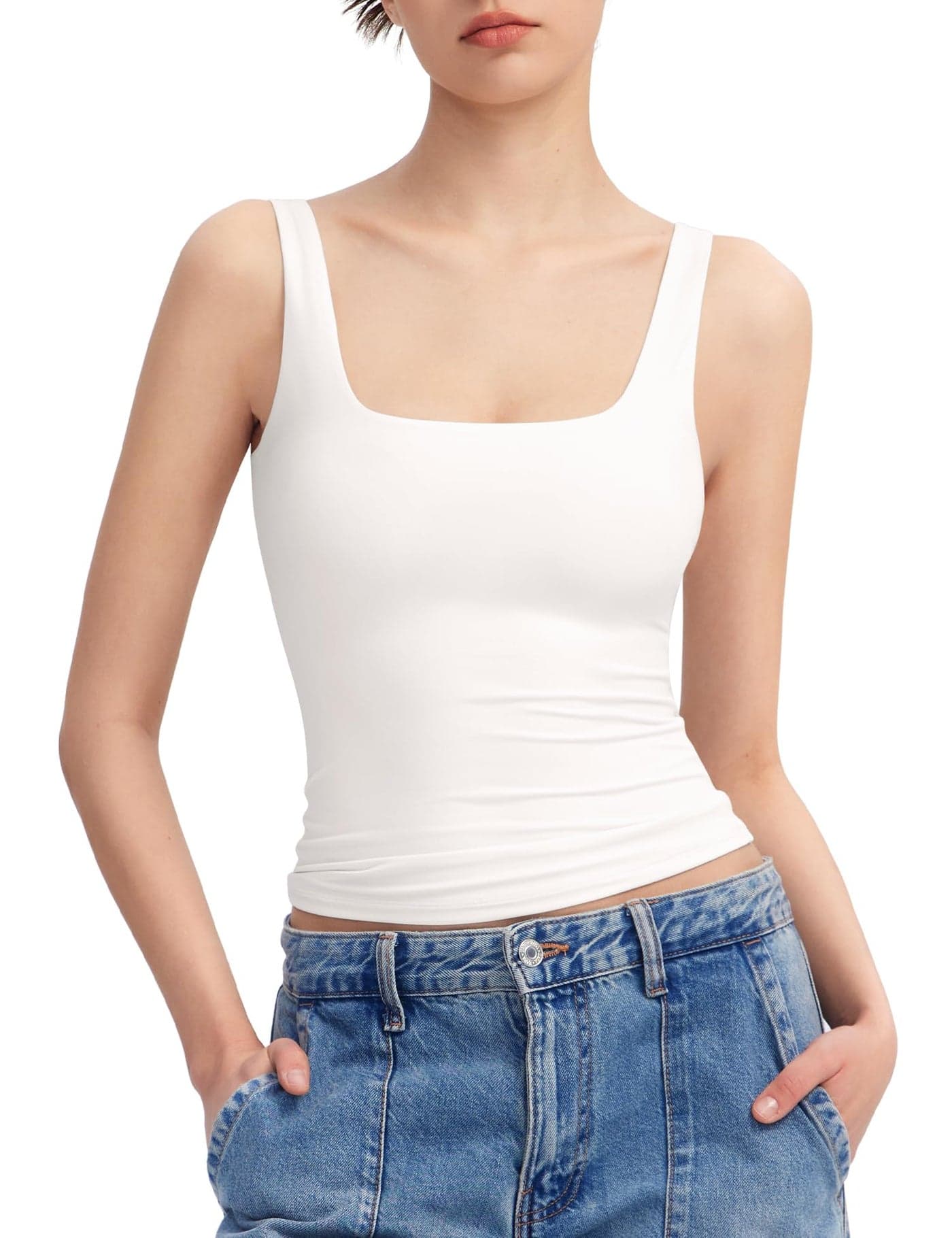 PUMIEY White Tank Tops for Women Square Neck Sleeveless Summer Tops, Splashed White X-Small