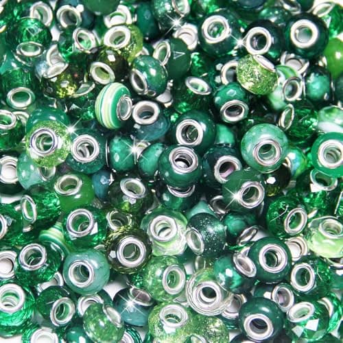 100 Pieces Large Hole Beads Assorted European Craft Beads Green Big Hole Fairy Wands Garden Beads Large Hole Lampwork Spacer Beads for DIY Pens Charms Bracelet Necklace Jewelry Making Supplies