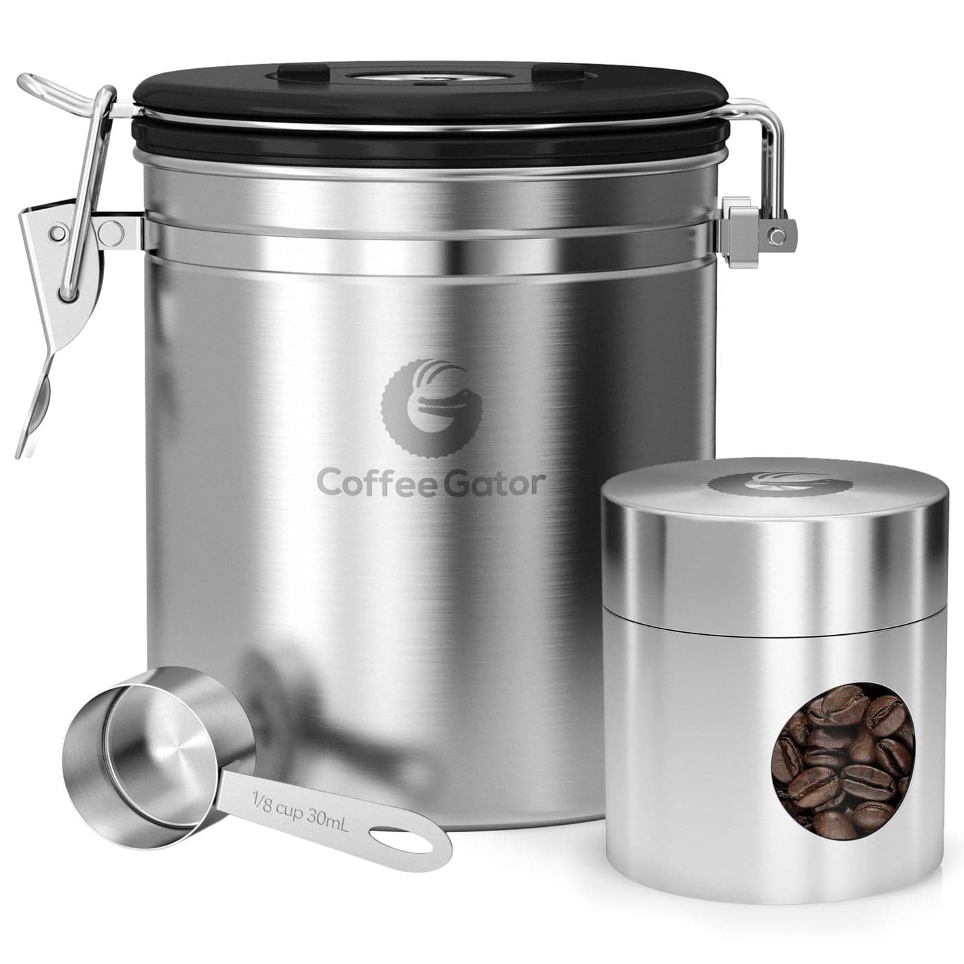 Coffee Gator Coffee Canister, Stainless Steel Airtight Coffee Containers for Ground Coffee with Date-Tracker, CO2-Release Valve, Measuring Scoop & Travel Jar - Medium, 16 oz, Silver