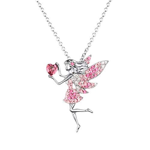 SUMFAN Fairy Necklace for Teen Girls,Birthstone Pendant Gift for Girls White Gold Plated Austrian Crystal Jewelry Gift (Pink)