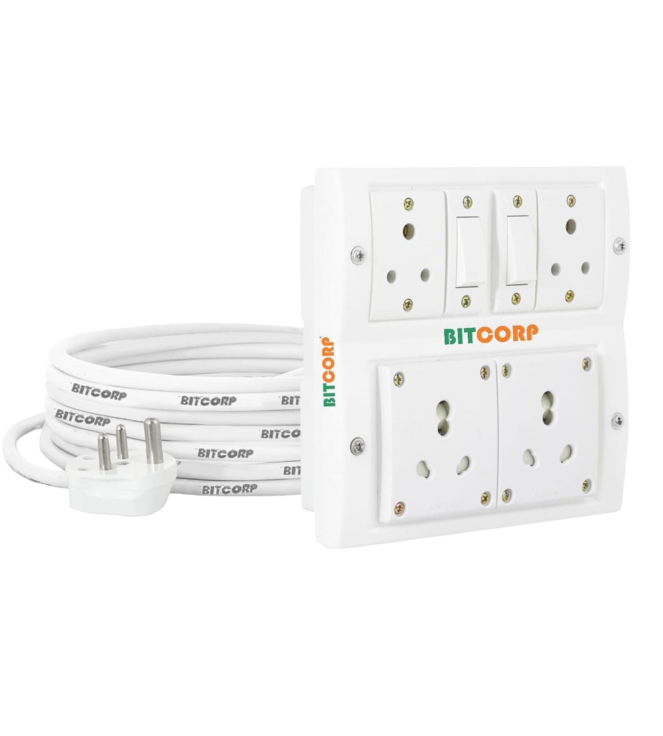 Bitcorp 6A 16A 20A Heavy Duty Extension Board International 4 Socket 2 Switch 2500W Surge Protector with 4 Meter Long Wire Cable for Ac Refrigerator Washing Machine Microwave Large Appliances