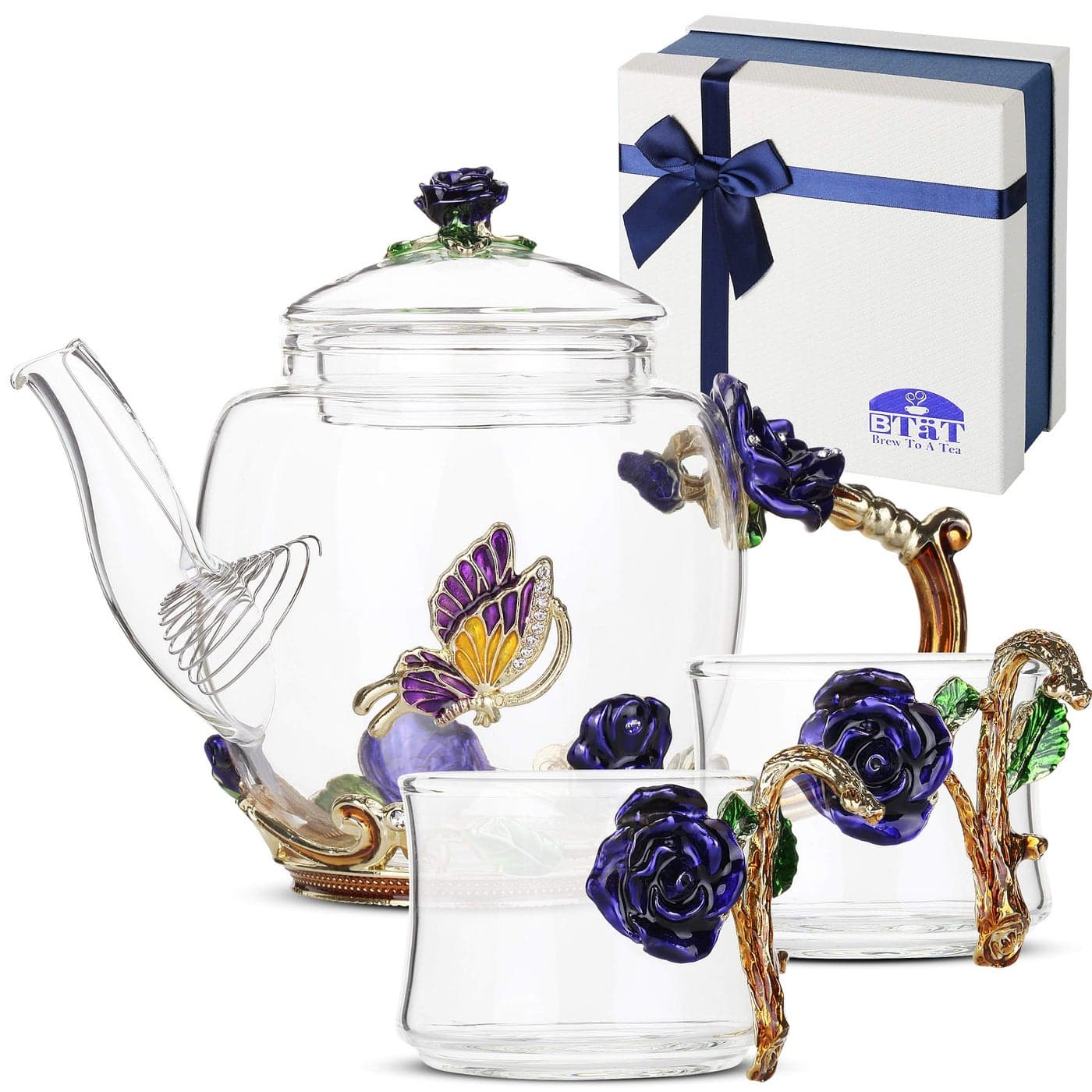 BTaT Floral Glass Tea Set for Adults Service for 2 Fancy Glass Pot8 oz Cups2 oz Blue Butterfly Flower Design with Gift Box Tea Pot Sets for Women Gift
