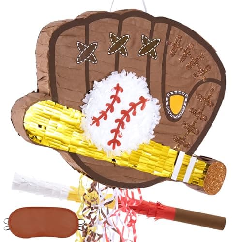 WERNNSAI Baseball Piata Baseball Piata Bundle with Blindfold and Bat Sports Birthday Party Decorations for Boys Kids Pull String Baseball Gloves Piata Family Games Baseball Party Supplies