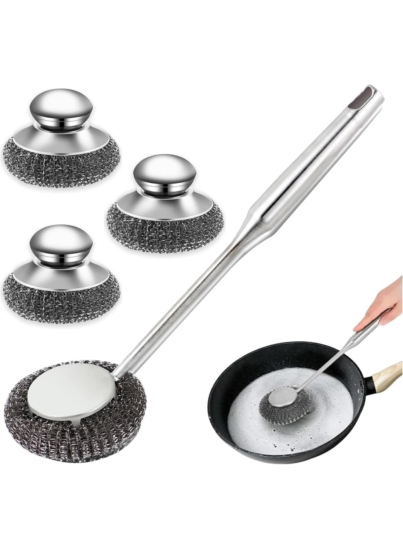 4 Pcs Stainless Steel Scrubber Set, Dish Cleaning Brushes with Handle and Long-Handled Scourer, Deep Cleaning Brush Kit for Pots, Pans, Tableware, Kitchen Utensil Maintenance (Silver)
