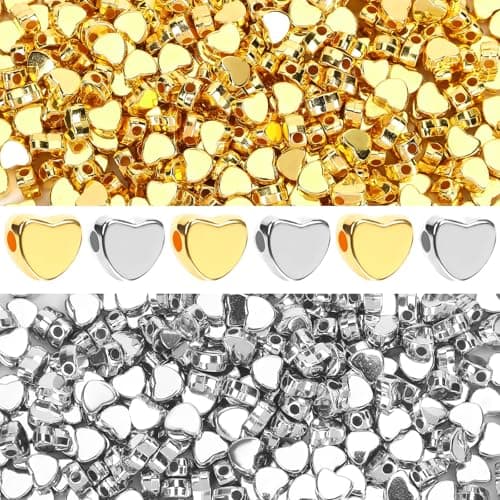 Augshy 700Pcs Silver Gold Heart Beads Heart Spacer Beads for Bracelets Jewelry Bracelet Making Birthday Party Necklace Friendship DIY Crafts