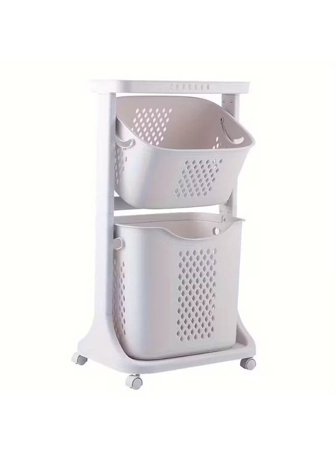 Ergonomic Double-Layer Laundry Hamper with Durable Plastic Baskets, Easy Push-Pull Rolling Wheels, Open-Air Vent Pattern, and Spacious Capacity Designed for Effective Storage, Sorting, and Transportation of Clothes and Essentials