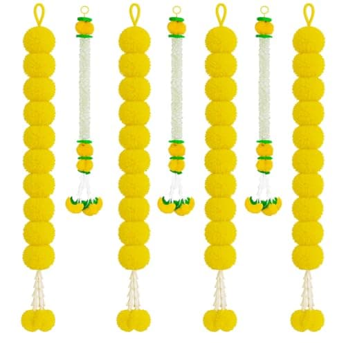 Wanna Party Atrtificial Yellow Marigold and White Mogra Garlands Hanging Backdrop Decorations Set of 7, Mehendi Decoration Setup, Haldi Decoration Items,Pooja Wedding Backdrop,Annaprashan Decoration