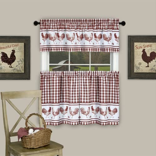 Light Filtering Printed Tier Valance Window Curtain Set 58 Inch Length 36 Inch Width Barnyard Burgundy Machine Washable Drape for Kitchen Bedroom Living Dining Room by Achim Home Decor