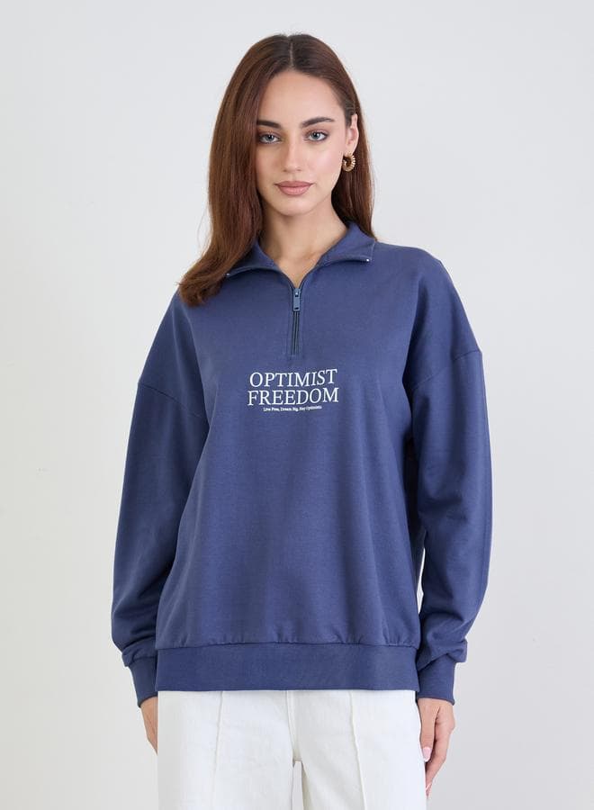 Styli Dark Blue Regular Fit Sweatshirt with Quarter Zip