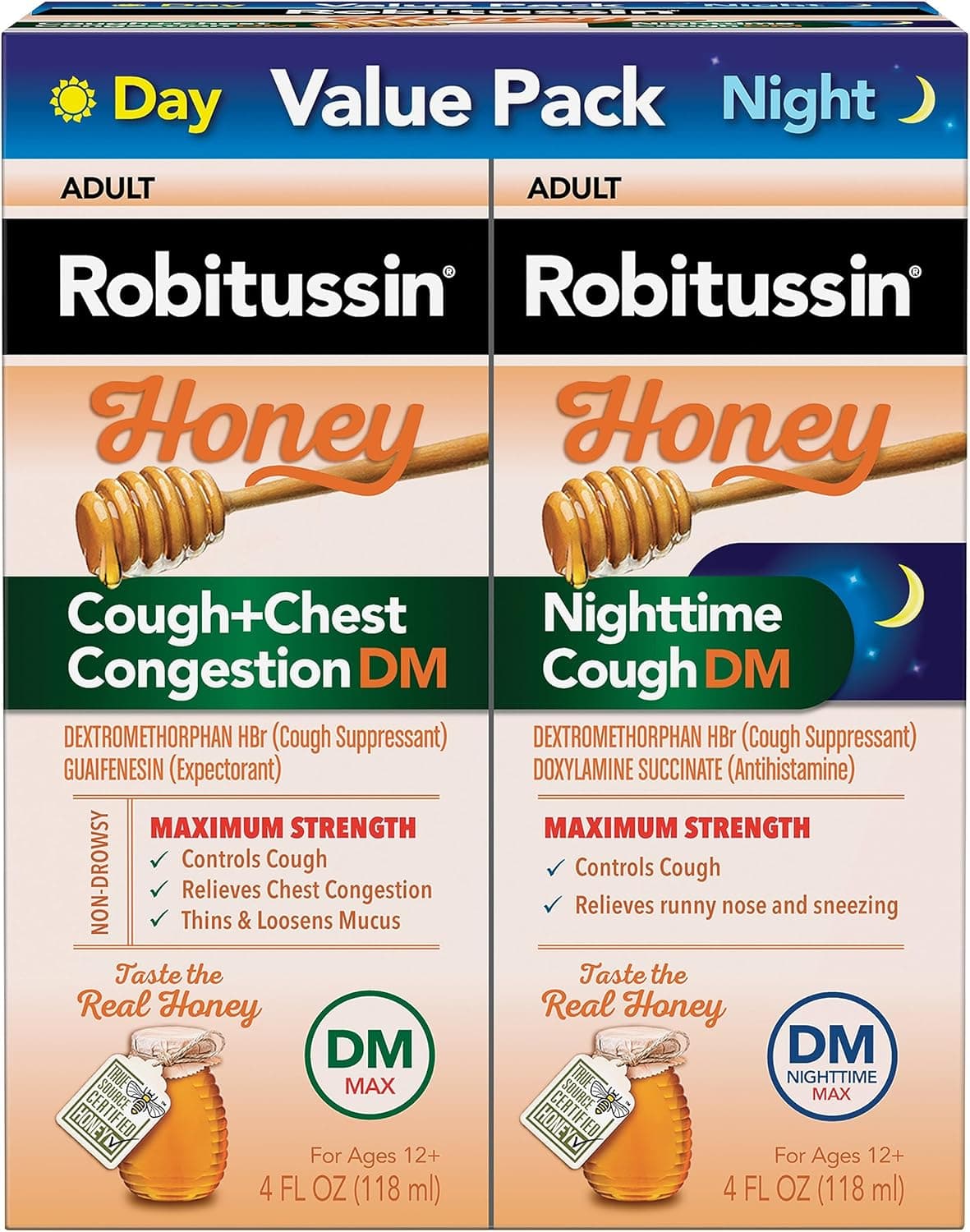 Robitussin Honey DM Max Cough Plus Chest Congestion and Robitussin Maximum Strength Honey Nighttime Cough DM, Adult Formulas - 2 x 4 Fl Oz Bottles