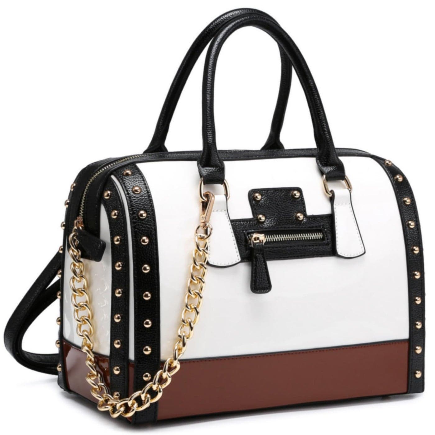 Shiny Patent Faux Leather Handbags Women Barrel Purses Top Handle Satchel Bags Shoulder Bag (Large White)