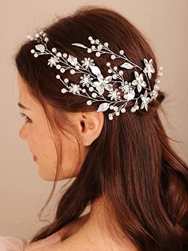 Kercisbeauty Wedding Bridal Silver Headband Flower and Pearl Hair Piece Boho Hair Accessory for Women and Girls (Silver)