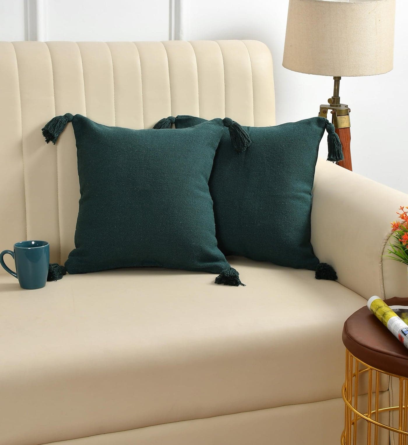 SASHAA WORLD 100% Cotton Cushion Covers with Tassels/Decorative Throw Pillow Set of 2 (45x45 cms, Green)