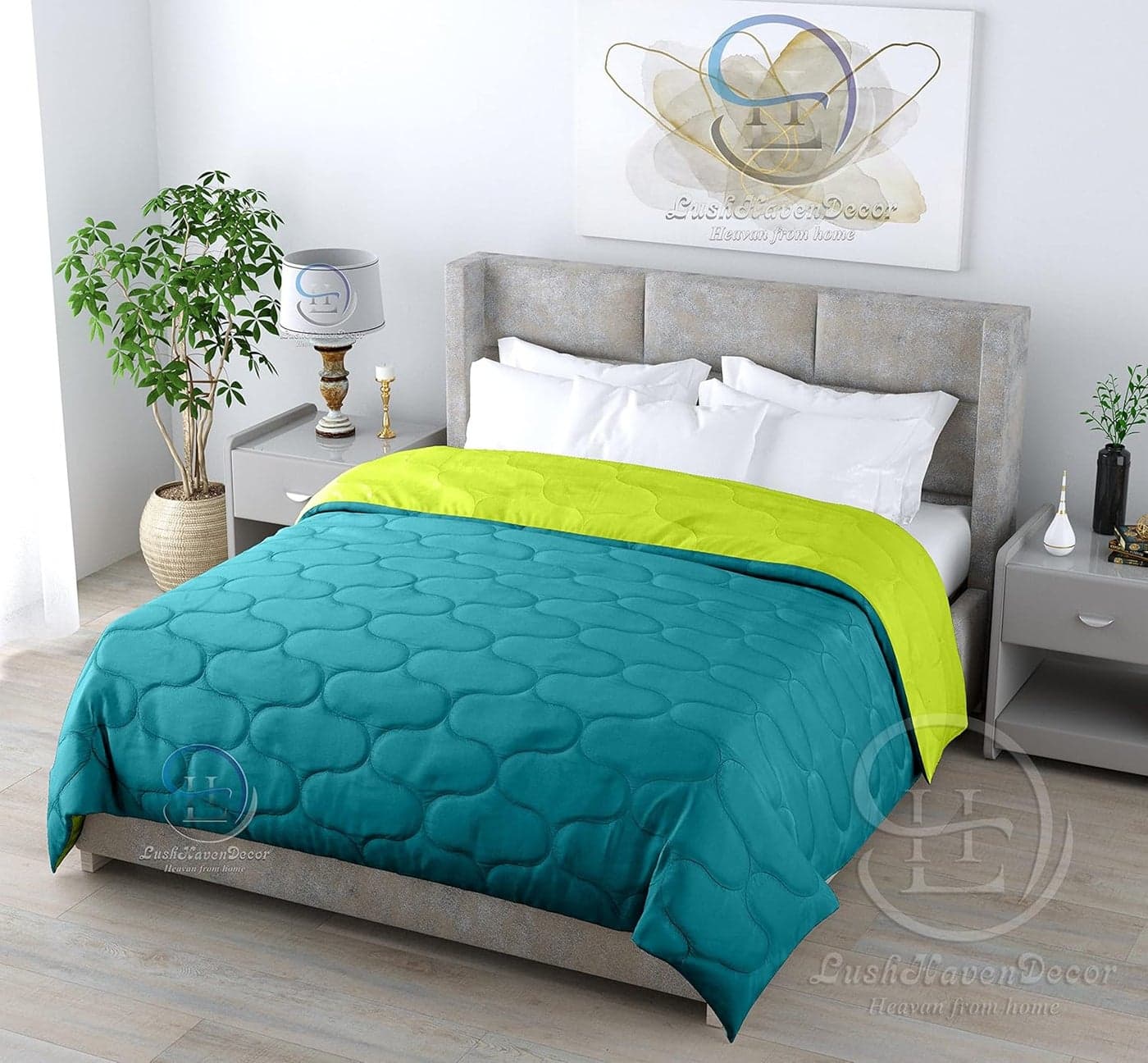 LushHavenDecor All Weather Microfiber Reversible Designer Quilted Lightweight Antibacterial Super Soft Comforter Razai Double Bed Duvet Quilt 200 GSM 90x100 Color Parrot GreenLight Teal