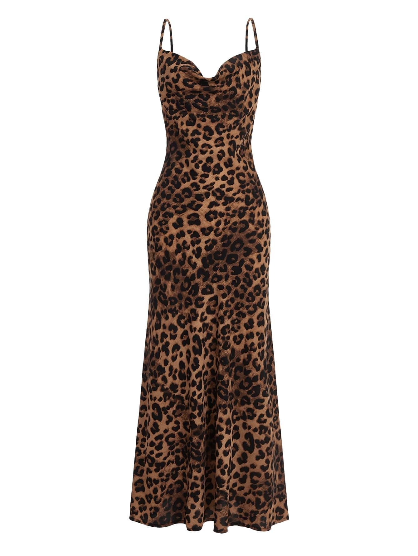 Floerns Women's Leopard Print Draped Collar Spaghetti Strap Cami Long Dress Brown XS