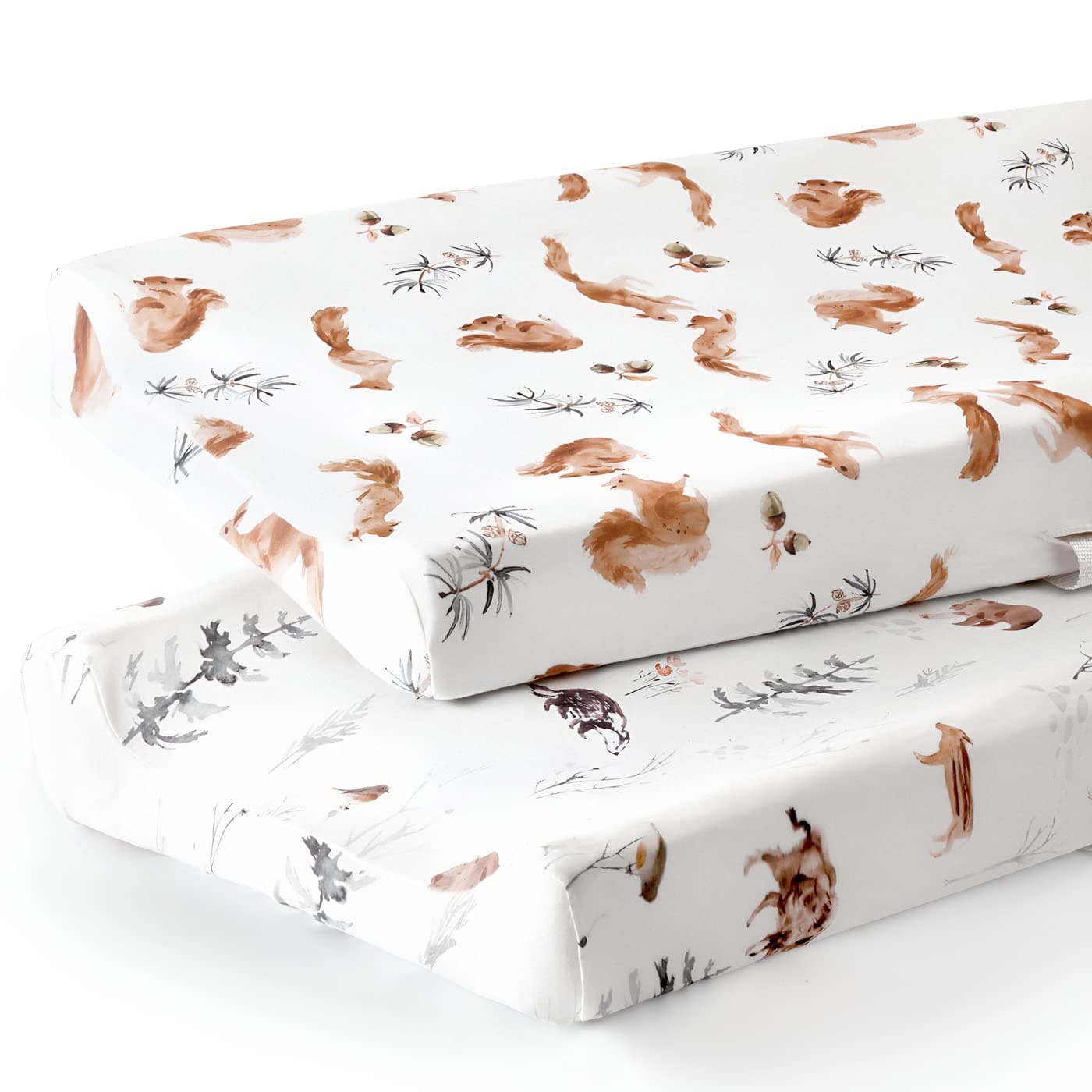 GRSSDER Stretch Ultra Soft Jersey Knit Changing Pad Cover Set 2 Pack Change Table Pad Covers Fit 3234 x 16 Pads Safe and Snug Pretty Pattern for Boys and Girls Cute Jungle Squirrels and Animals