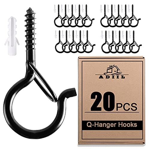ADIIL 20 PCS Q Hanger Hooks with Safety Buckle, Windproof Screw Hooks for Hanging Outdoor String Lights, Plants, Christmas Patio Lights, 2.2 Inches, Black