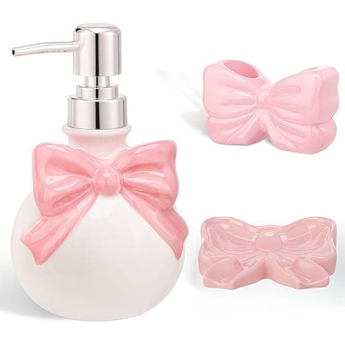 Ferrochef Pink Bow Ceramic Bathroom Accessories Set 3 Pcs for Countertop, Soap Dispenser, Toothbrush Holder, Soap Holder, Bathroom Sink Decor for Modern Home Decor