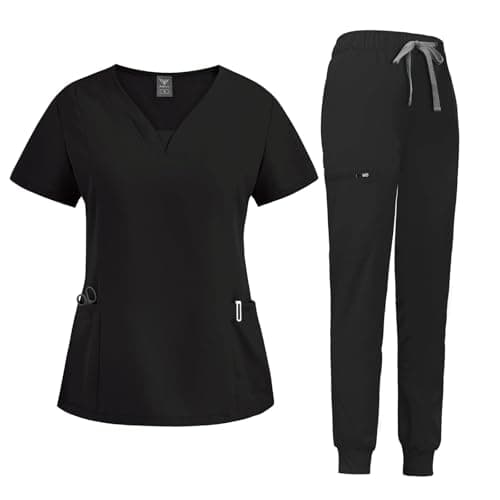 niaahinn Scrub Suit Set for Women Modern V-neck Top & Tapered Leg Jogger Pants with Drawstring Medical Nursing Uniforms Set (Black, XS)