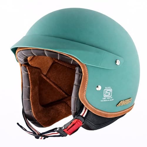 Axor Retro Jet West with Peak ISI and DOT Certified Matte Finish Open Face Helmet for Men and Women with Stylish Peak- Dull Aqua Green-L