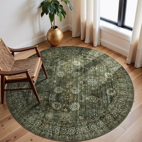 Zealude Green Boho Washable 5FT Round Living Room Rug,Vintage Circle Rug for Bedroom Dining Room Rugs Non Slip,Circular Oriental Throw Carpet for Bathroom Kitchen Entrance (5FT Round Dusty Green)