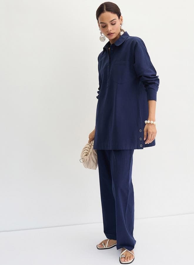 Navy Blue Cotton Linen Straight Pants