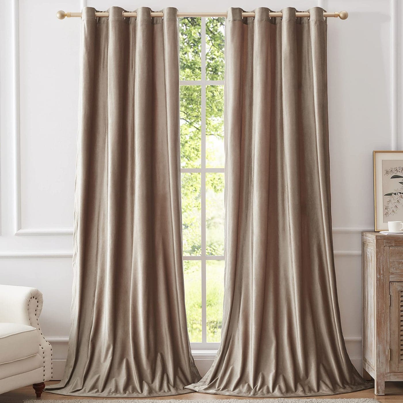 BULBUL Velvet Curtains 84 inch Length Living Room Taupe Blackout Window Drapes Curtain Thermal Insulated Room Darkening Decor Grommet Curtains for Bedroom Set of 2 Panels